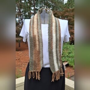 Handmade Crochet Green Brown Scarf Fringe Cottagecore Grannycore Forestcore